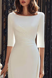Ivory Satin Boat Neck Midi Wedding Dress with Sleeves